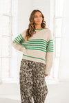 Oatmeal and Green Striped Knit Sweater