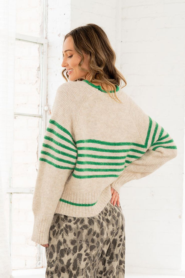 Oatmeal and Green Striped Knit Sweater
