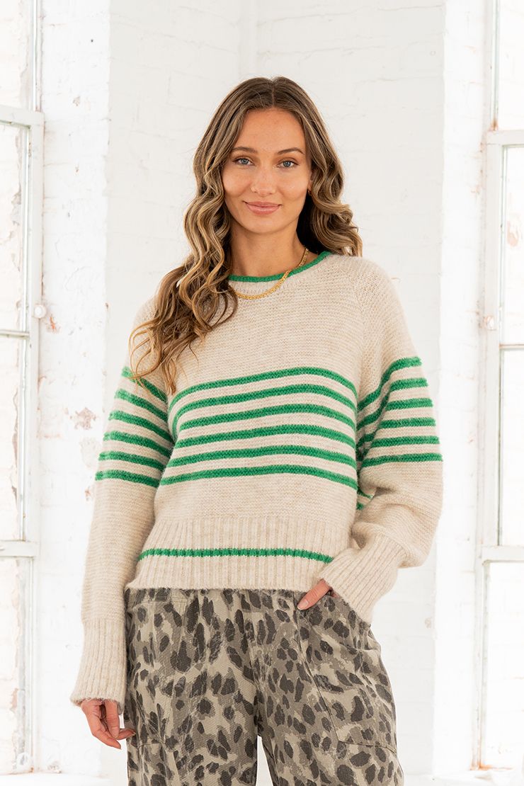 Oatmeal and Green Striped Knit Sweater