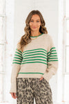 Oatmeal and Green Striped Knit Sweater