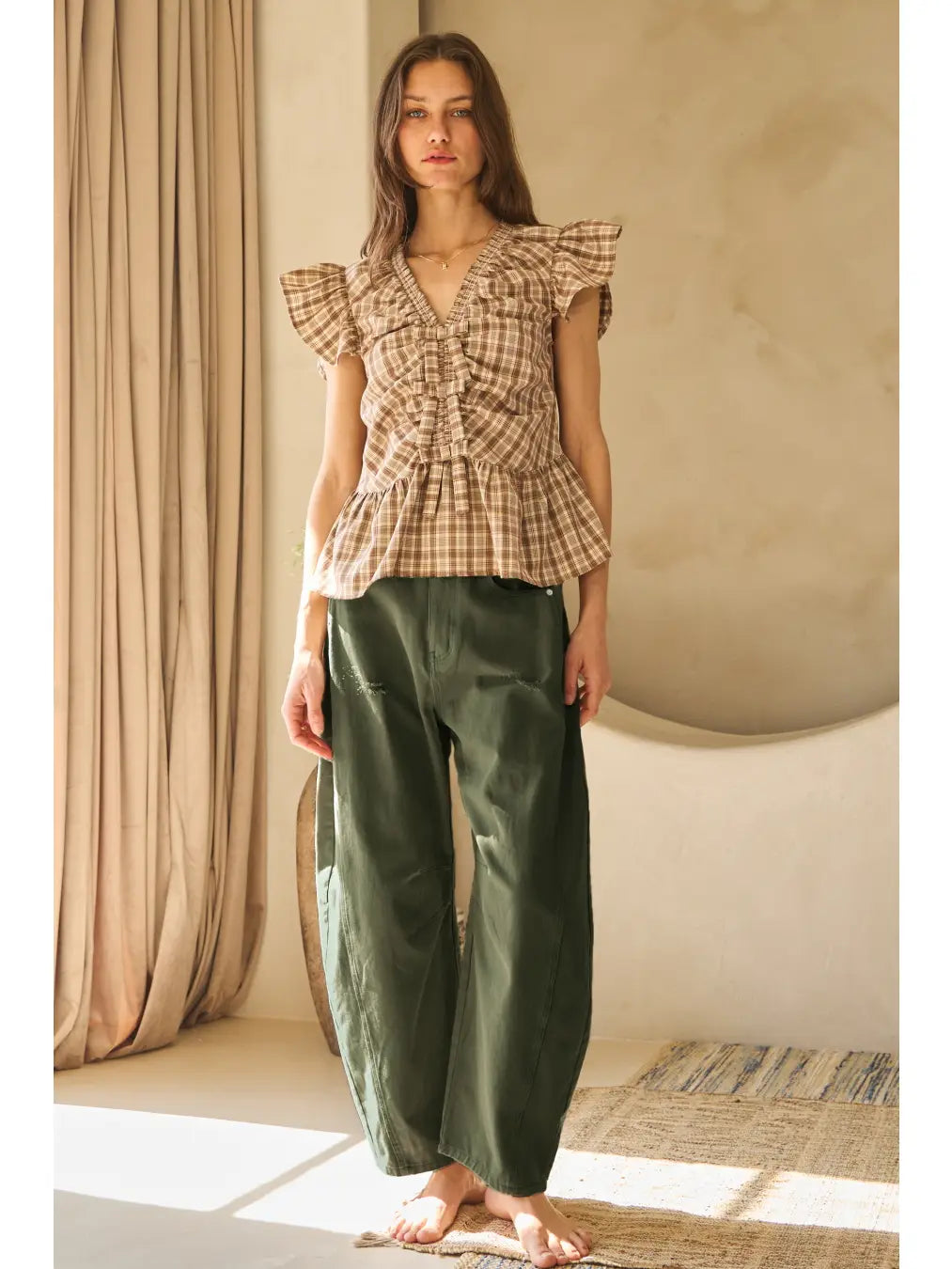 Acid Washed Colored Barrel Denim Pants Washed Olive
