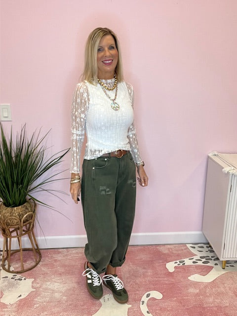 Acid Washed Colored Barrel Denim Pants Washed Olive