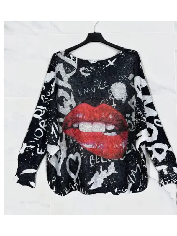 Black Red Lips Printed Sweater