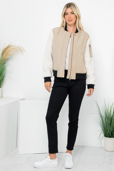 Quilted Bomber with Sherpa Sleeves