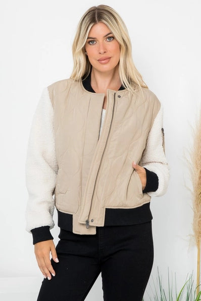 Quilted Bomber with Sherpa Sleeves