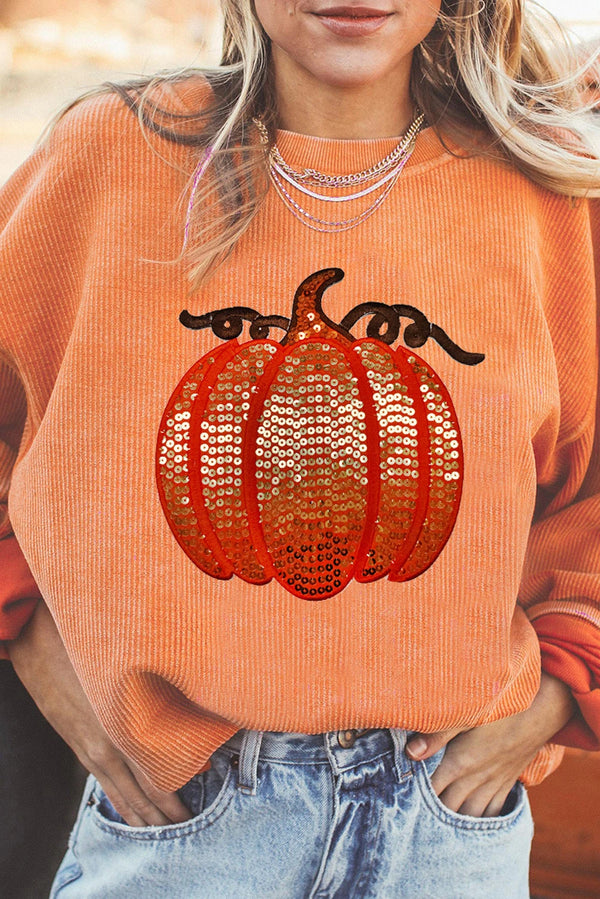 Orange Crinkle Ribbed Sequin Pumpkin Graphic Sweatshirt