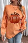 Orange Crinkle Ribbed Sequin Pumpkin Graphic Sweatshirt