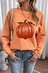 Orange Crinkle Ribbed Sequin Pumpkin Graphic Sweatshirt