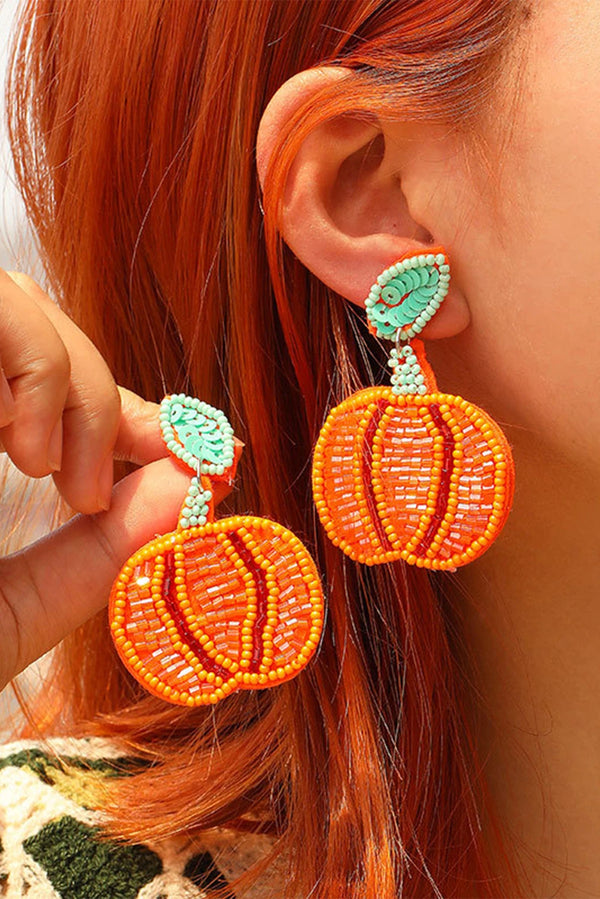 Orange Pumpkin Rice Beaded Drop Earrings