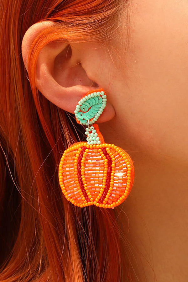 Orange Pumpkin Rice Beaded Drop Earrings