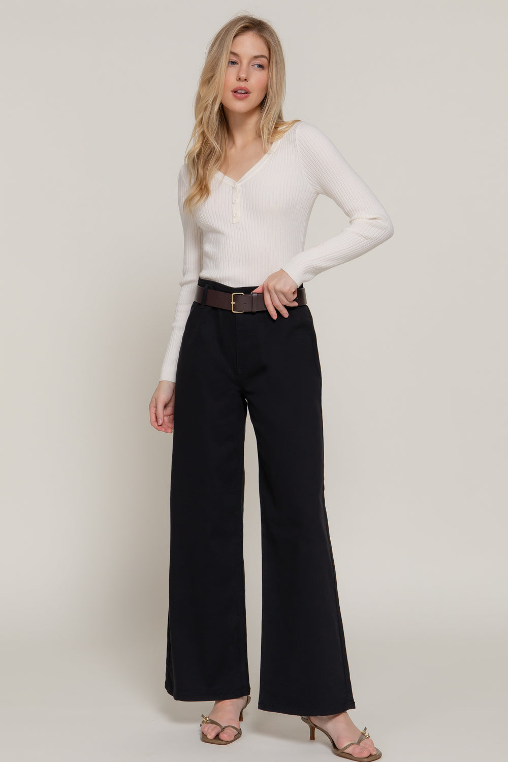 Belted Twill Stretch Pants - Black