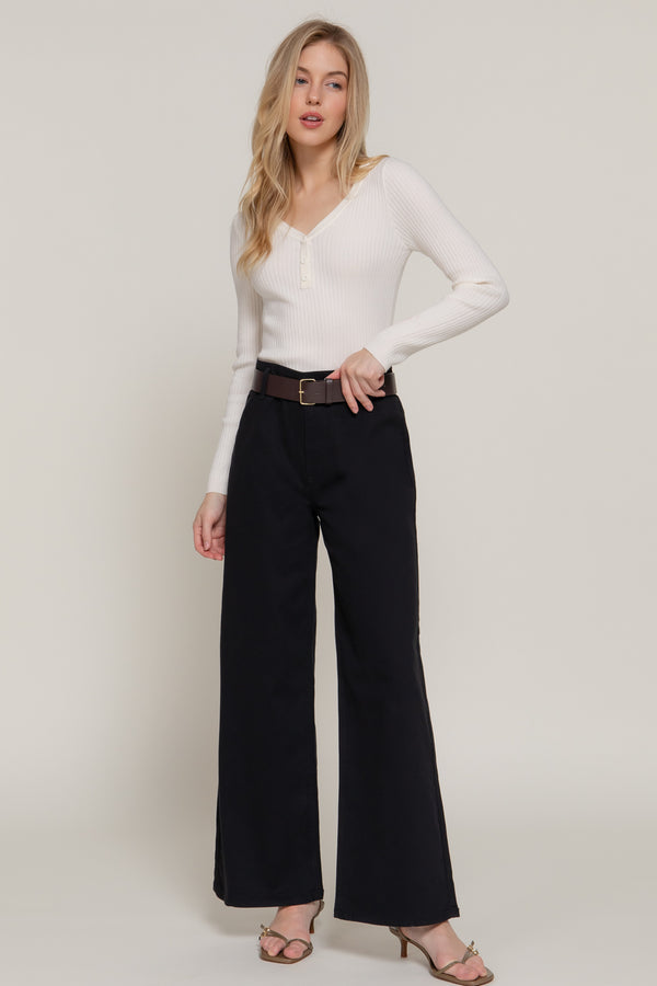 Belted Twill Stretch Pants - Black