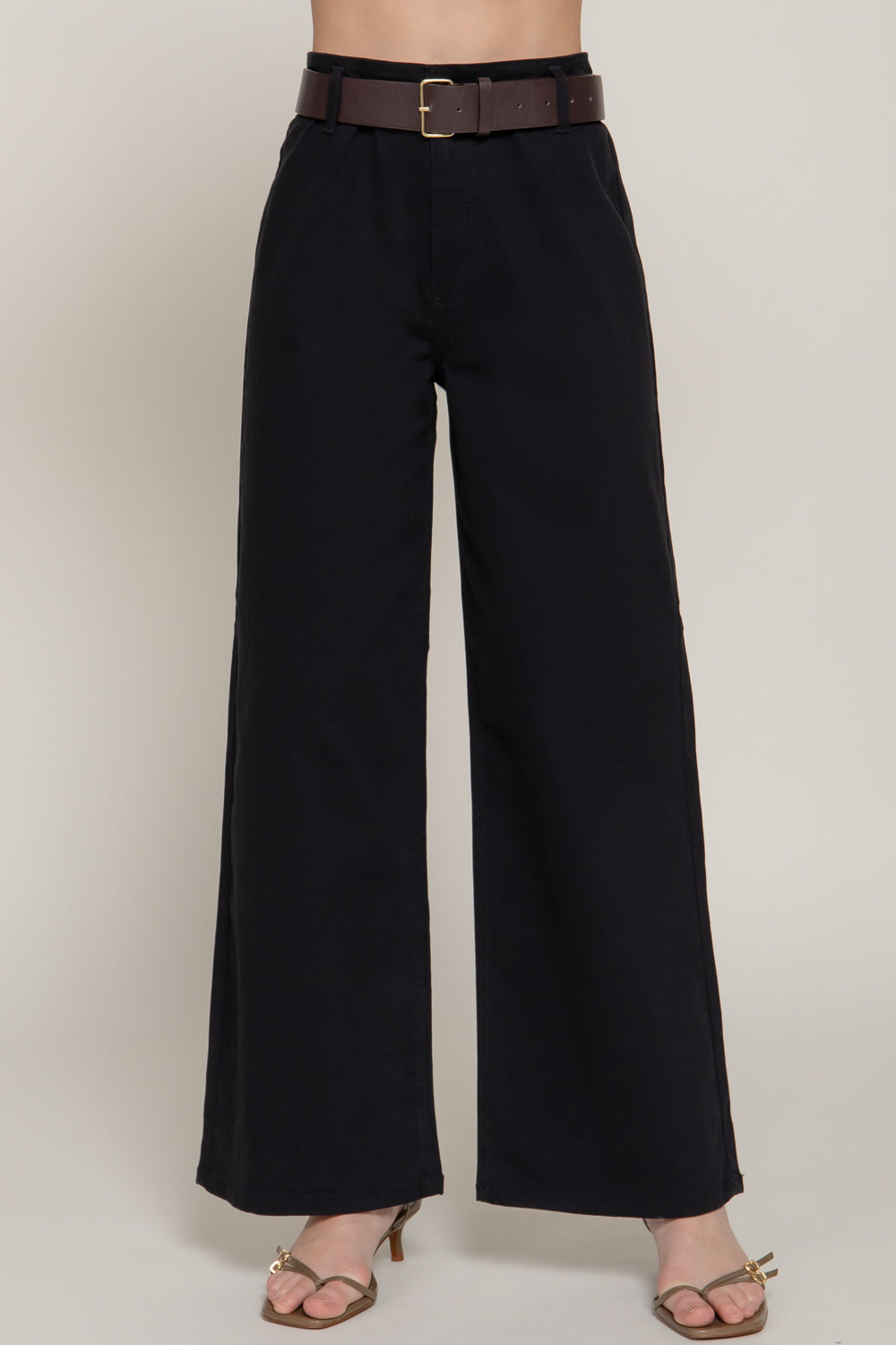 Belted Twill Stretch Pants - Black