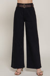 Belted Twill Stretch Pants - Black