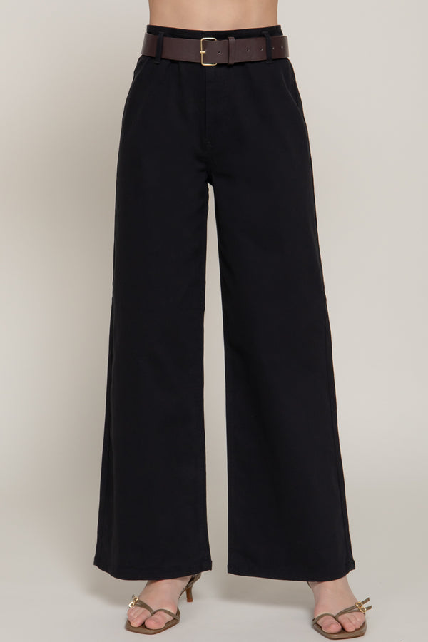 Belted Twill Stretch Pants - Black