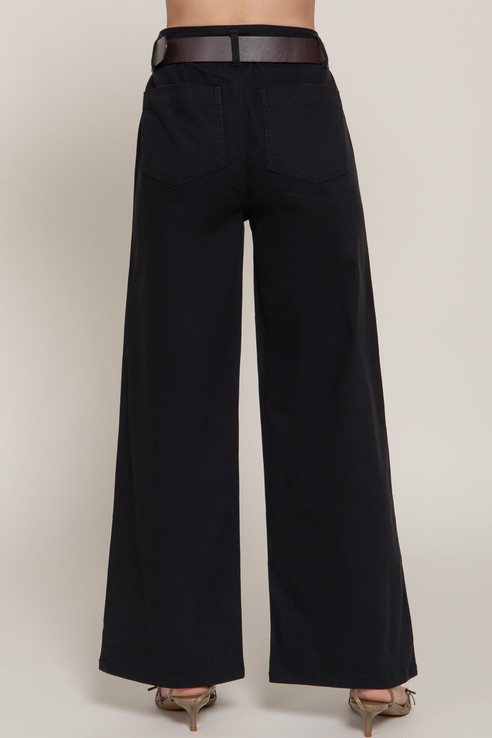 Belted Twill Stretch Pants - Black