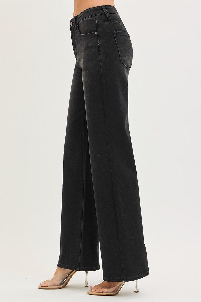 Tummy Control High Rise Wide Leg Jeans-Black