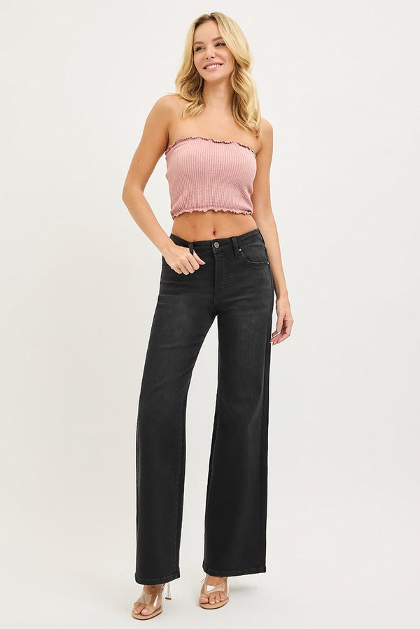 Tummy Control High Rise Wide Leg Jeans-Black
