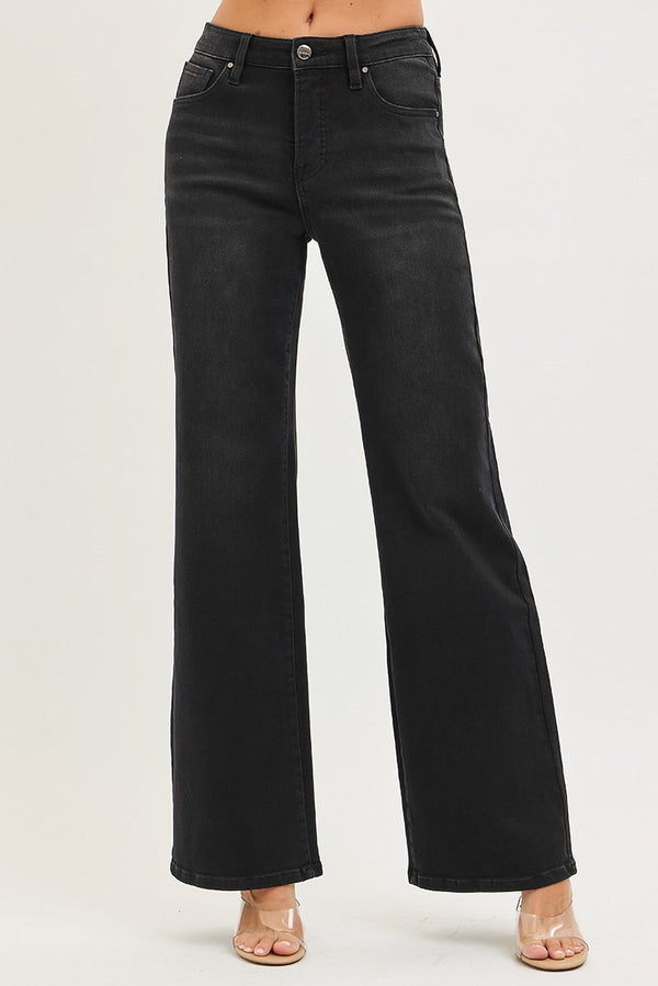 Tummy Control High Rise Wide Leg Jeans-Black