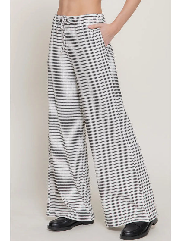 Elastic Waist Stripe Varigated Rib Long Pants - Ivory/Black