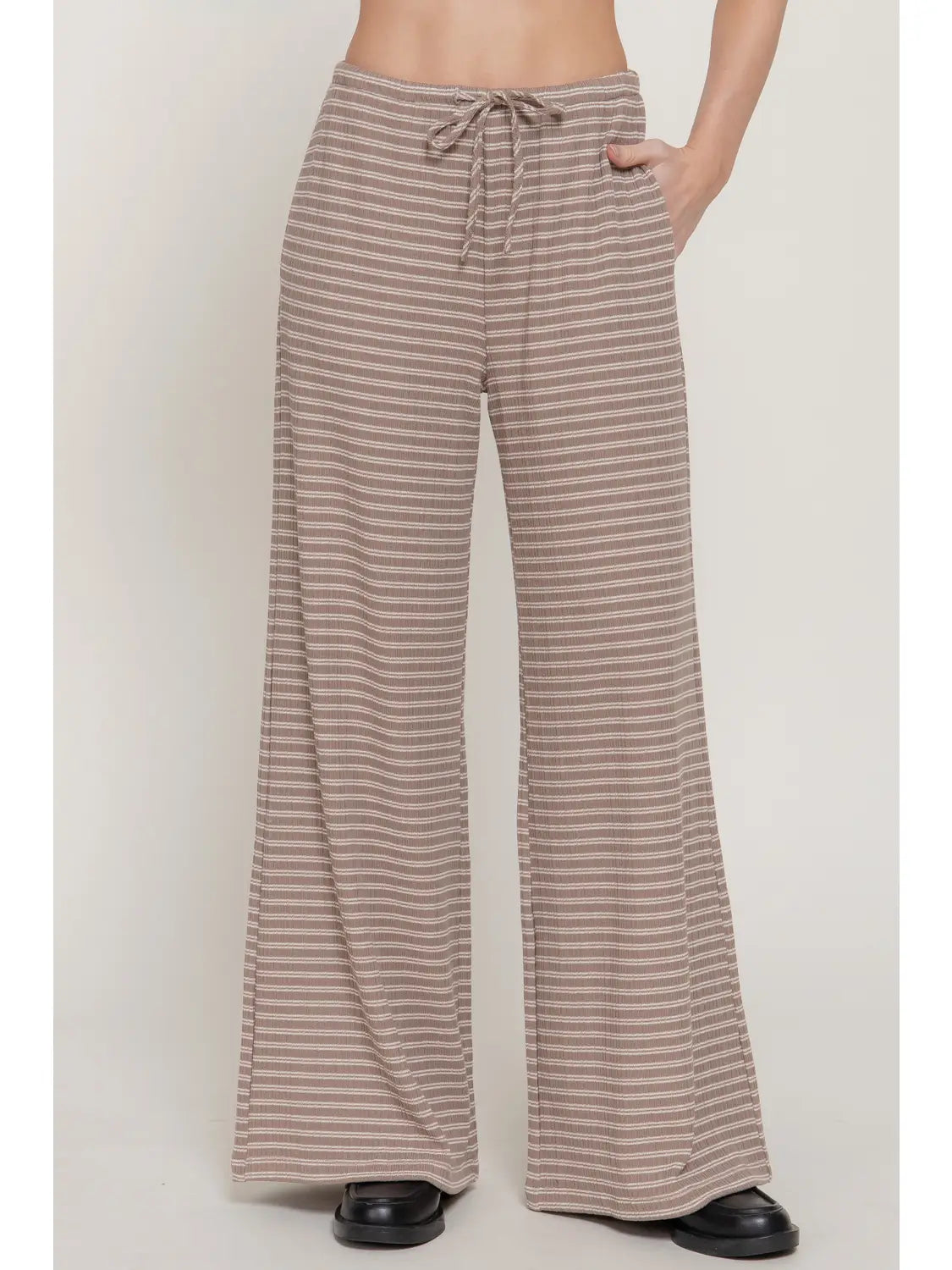 Elastic Waist Stripe Varigated Rib Long Pants - Mink/Cream