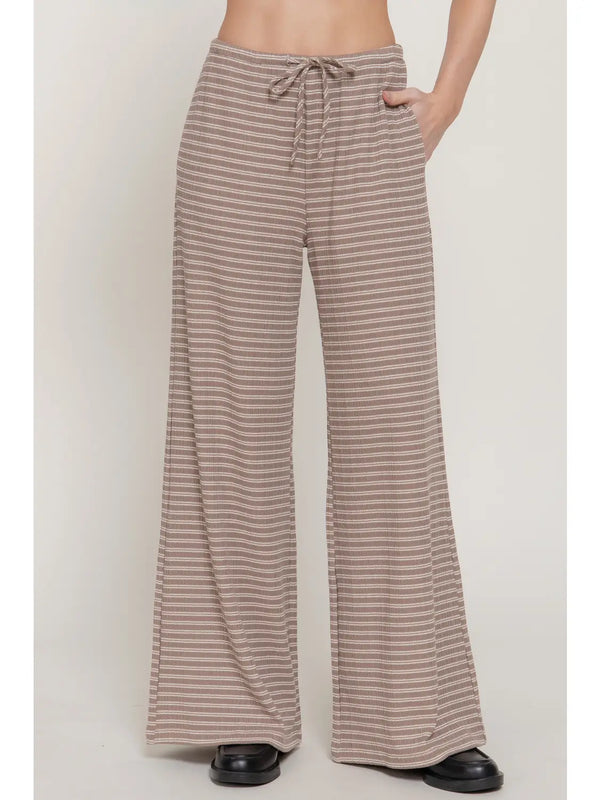 Elastic Waist Stripe Varigated Rib Long Pants - Mink/Cream