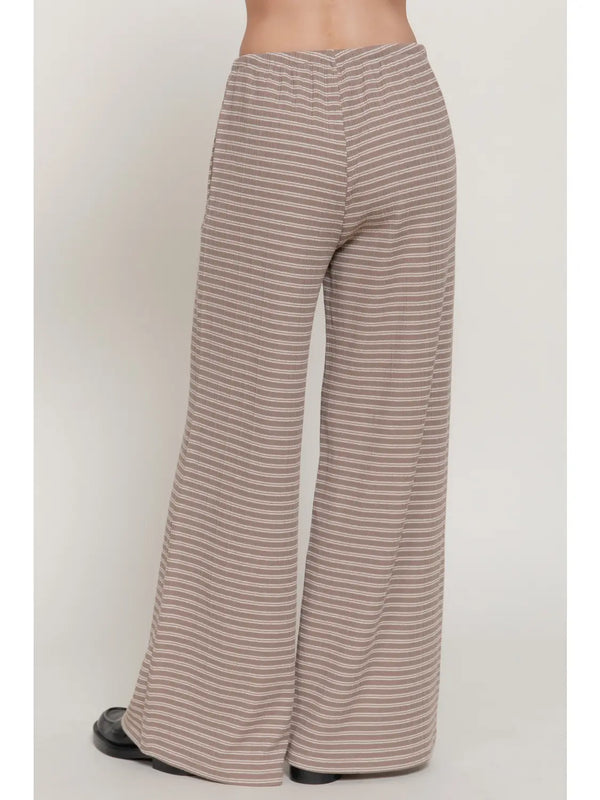 Elastic Waist Stripe Varigated Rib Long Pants - Mink/Cream