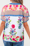Pink Floral Striped Patchwork Short Sleeve Split Neck Blouse