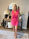 Woven Crinkly Elastic Waist Draped Romper with Tie Open Back