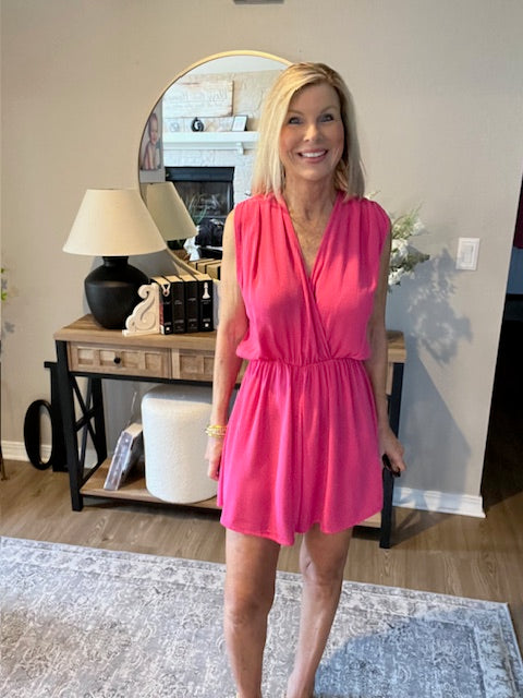 Woven Crinkly Elastic Waist Draped Romper with Tie Open Back