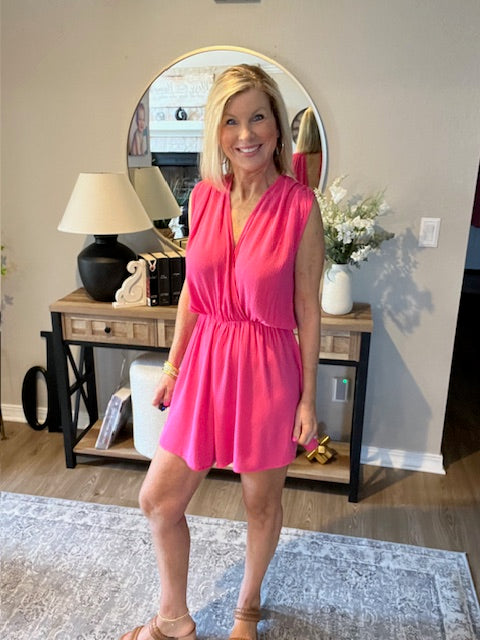 Woven Crinkly Elastic Waist Draped Romper with Tie Open Back