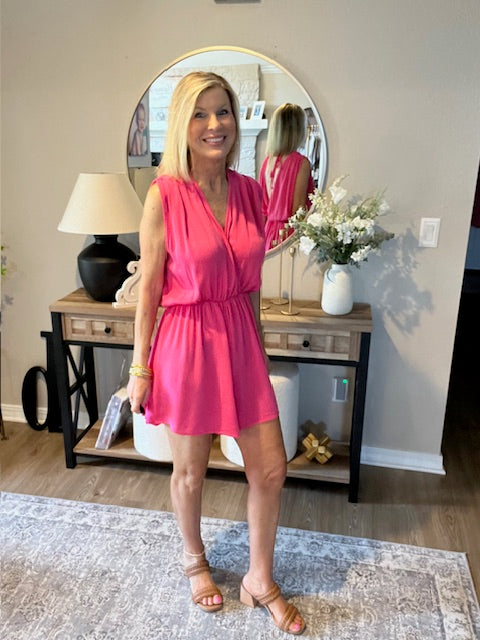 Woven Crinkly Elastic Waist Draped Romper with Tie Open Back
