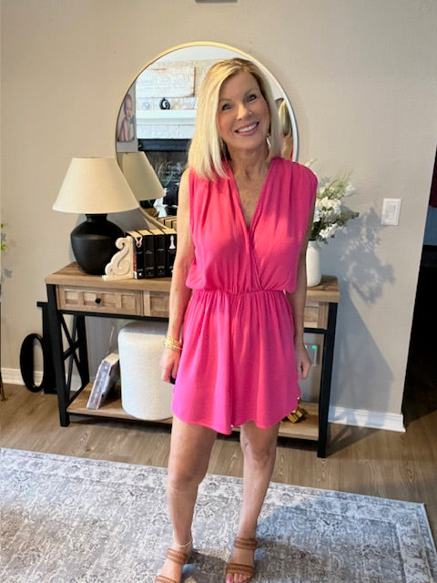 Woven Crinkly Elastic Waist Draped Romper with Tie Open Back