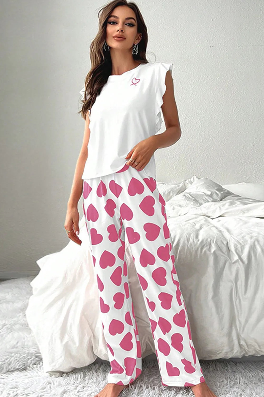 Ruffled Tank Top and Heart Print Pants Lounge Set 2 Colors