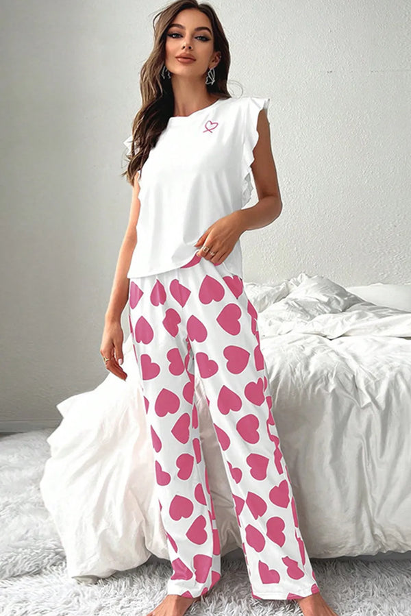 Ruffled Tank Top and Heart Print Pants Lounge Set 2 Colors