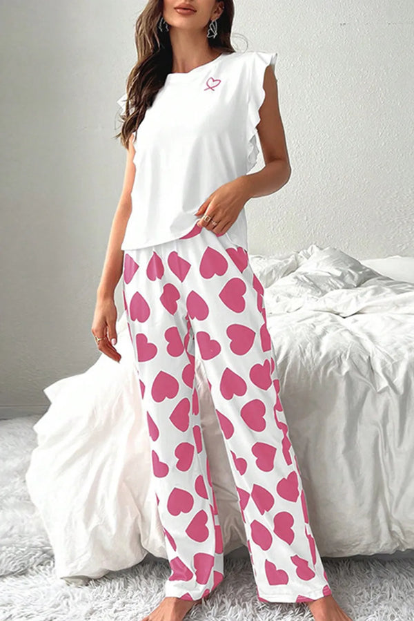 Ruffled Tank Top and Heart Print Pants Lounge Set 2 Colors