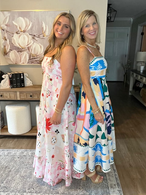 Floral & Geometric Print Midi Dress Blue