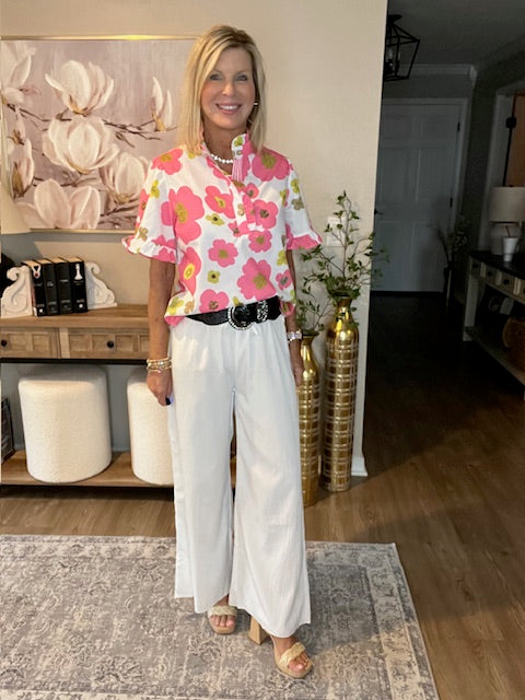 Pink Floral Ruffle Sleeve Striped Button Collar Blouse