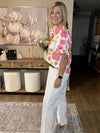 Pink Floral Ruffle Sleeve Striped Button Collar Blouse