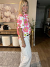 Pink Floral Ruffle Sleeve Striped Button Collar Blouse