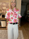 Pink Floral Ruffle Sleeve Striped Button Collar Blouse
