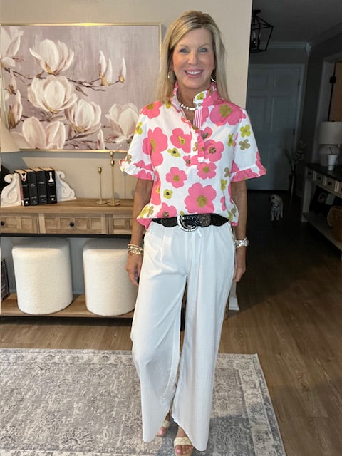 Pink Floral Ruffle Sleeve Striped Button Collar Blouse