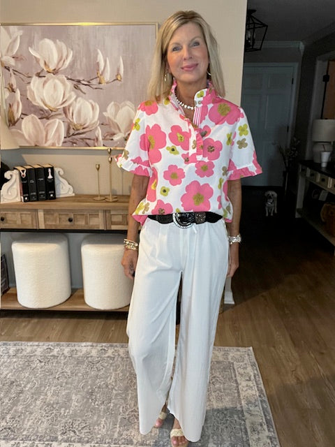 Pink Floral Ruffle Sleeve Striped Button Collar Blouse