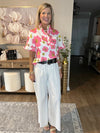 Pink Floral Ruffle Sleeve Striped Button Collar Blouse