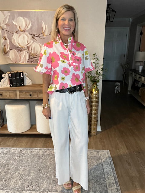 Pink Floral Ruffle Sleeve Striped Button Collar Blouse