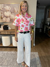 Pink Floral Ruffle Sleeve Striped Button Collar Blouse