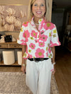 Pink Floral Ruffle Sleeve Striped Button Collar Blouse