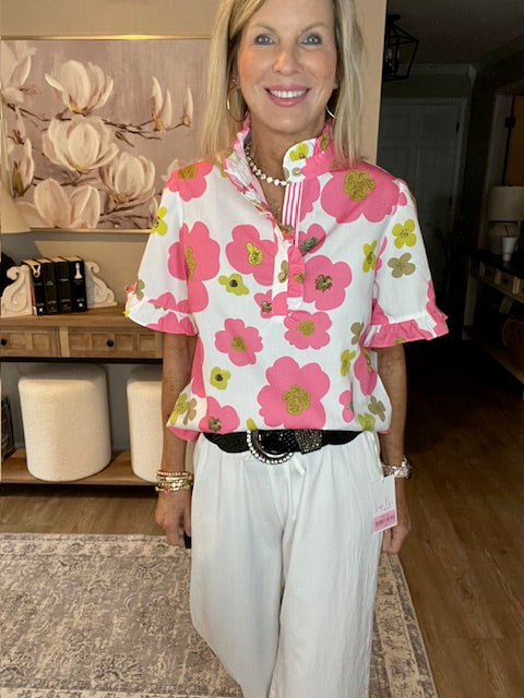 Pink Floral Ruffle Sleeve Striped Button Collar Blouse