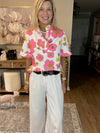 Pink Floral Ruffle Sleeve Striped Button Collar Blouse