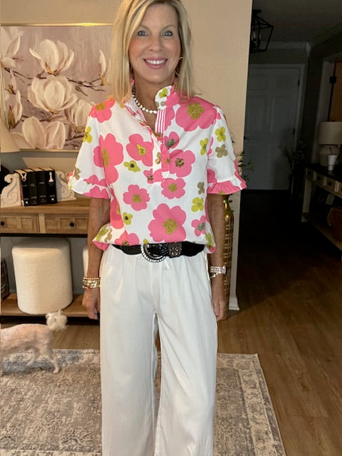 Pink Floral Ruffle Sleeve Striped Button Collar Blouse